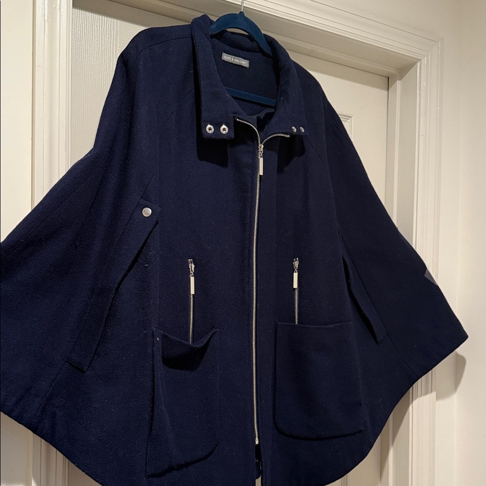 Wool Blend Navy Blue Cape with Zipper and Pockets Autumn Ready Preppy Warm Large - Picture 4 of 11